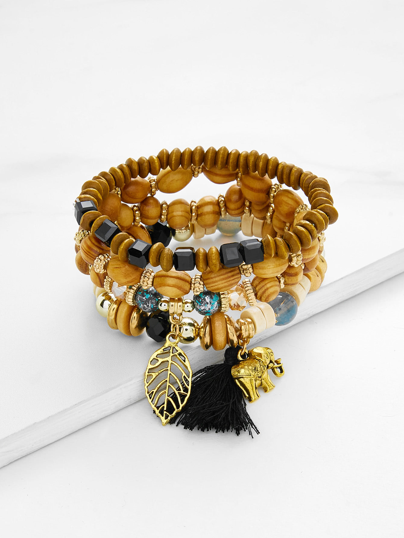 Leaf & Elephant Charm Beaded Bracelet Set leaf opening bracelet