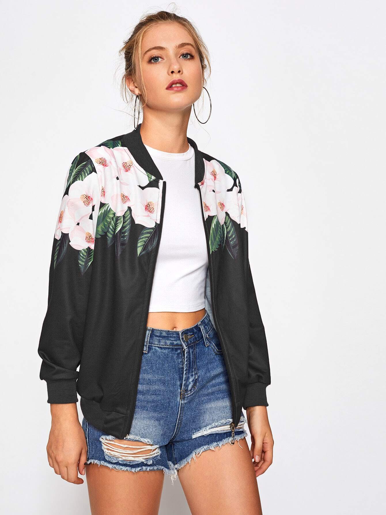 Ribbed Trim Floral JacketFor Womenromwe