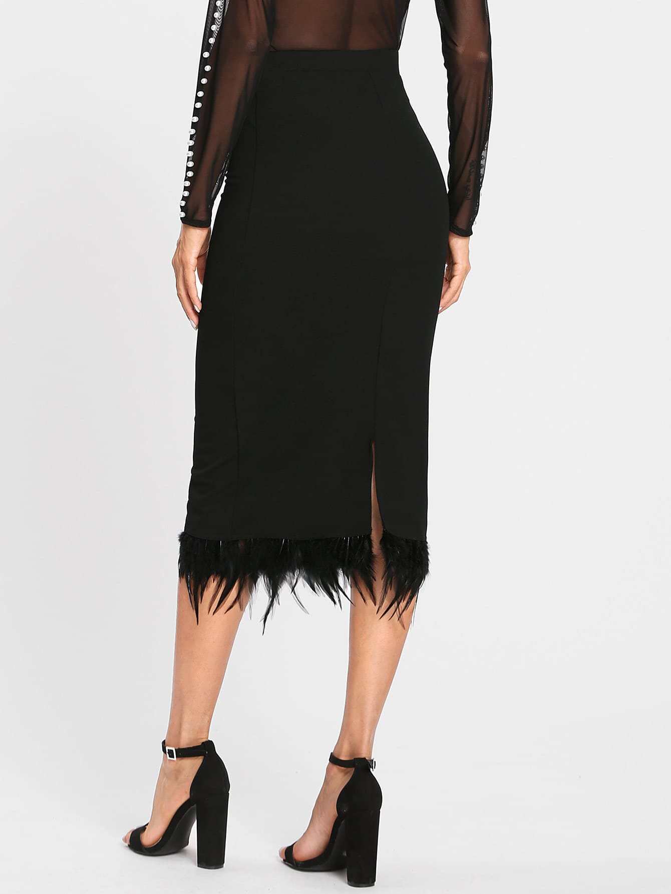 Slit Back Contrast Feather Pencil Skirt SheIn(Sheinside)