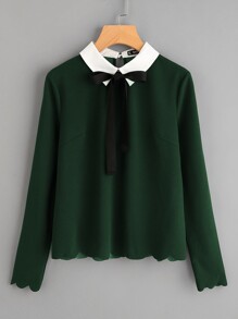 Contrast Collar Tied Detail Scallop Trim Blouse