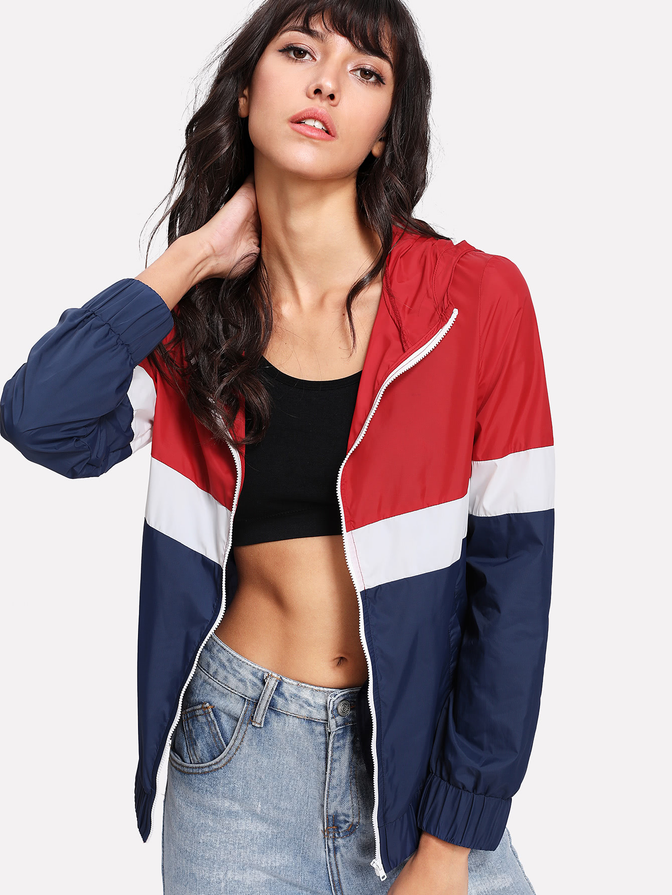 Cut And Sew Hoodie Windbreaker Jacket SheIn(Sheinside)