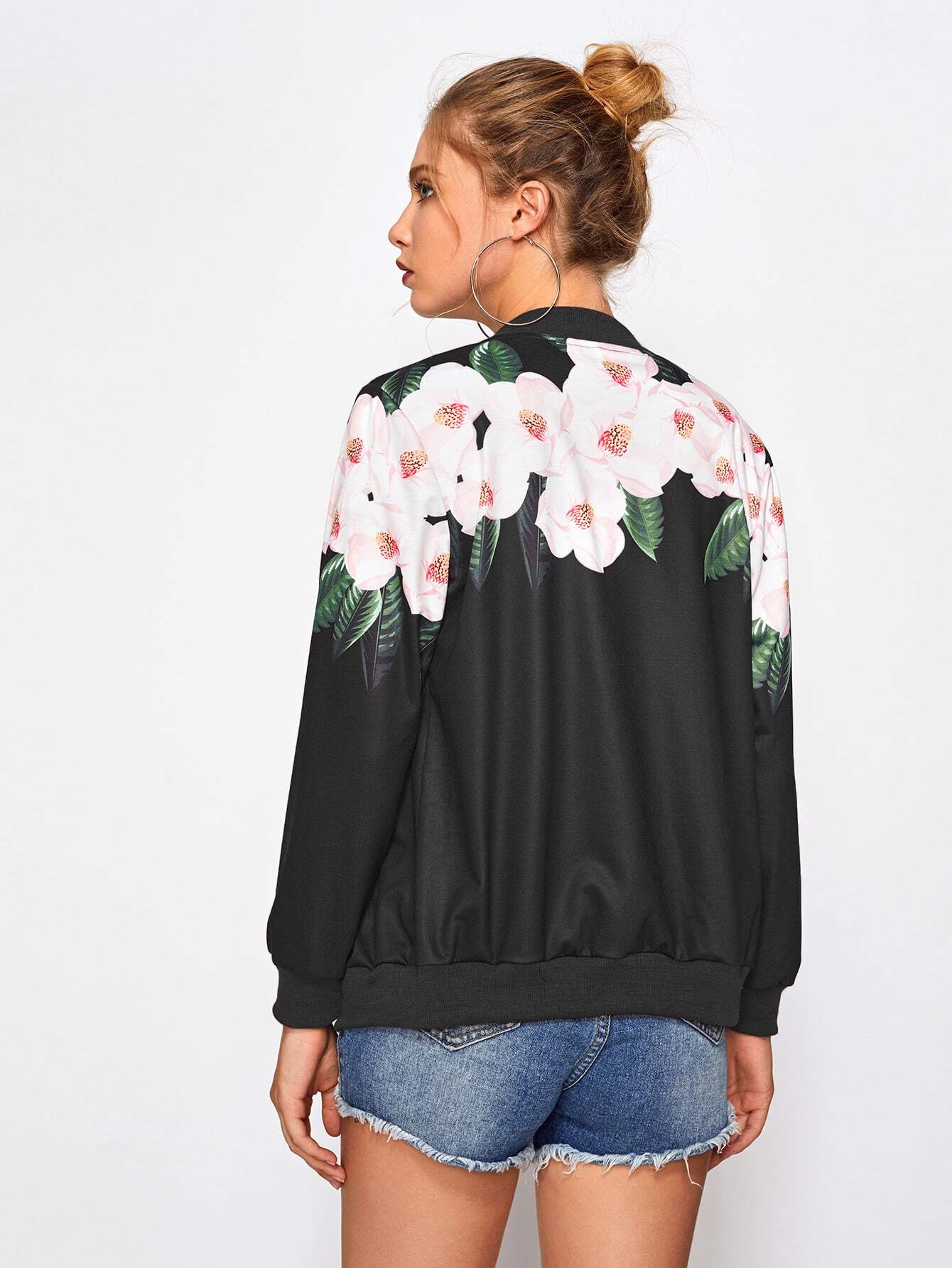 Ribbed Trim Floral JacketFor Womenromwe