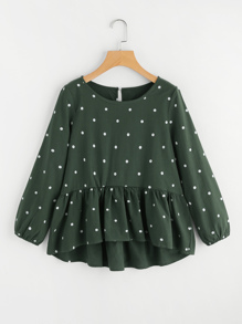 Polka Dot Print Frill Dip Hem Blouse