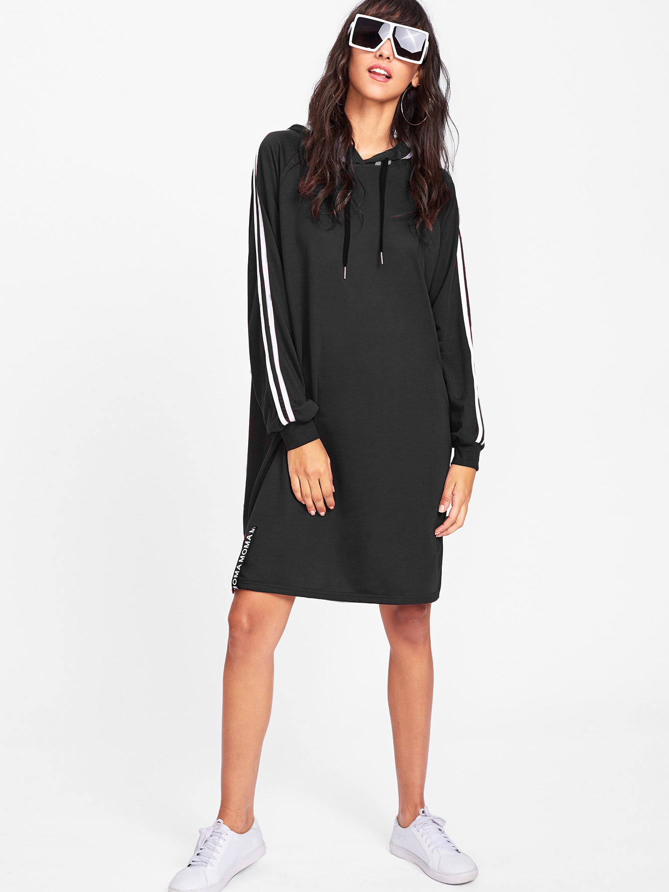 Tape Trim Letter Ribbon Detail Raglan Hoodie Dress