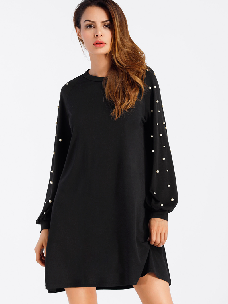 Faux Pearl Detail Sweatshirt Dress, Black