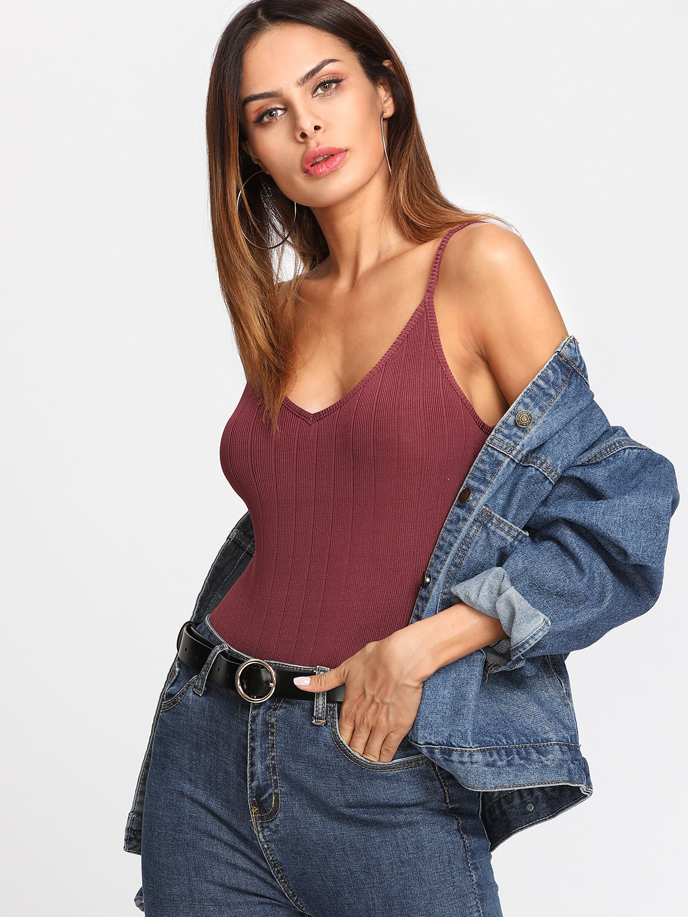 Snap Button Detail Ribbed Cami Bodysuit SheIn(Sheinside)