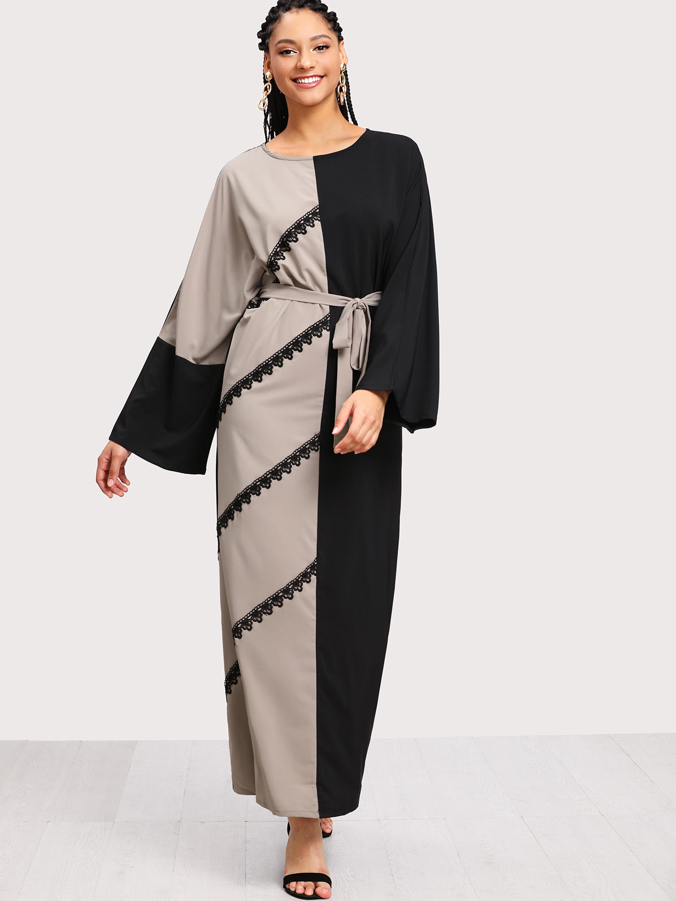 Plus Two Tone Contrast Crochet Long Hijab Dress