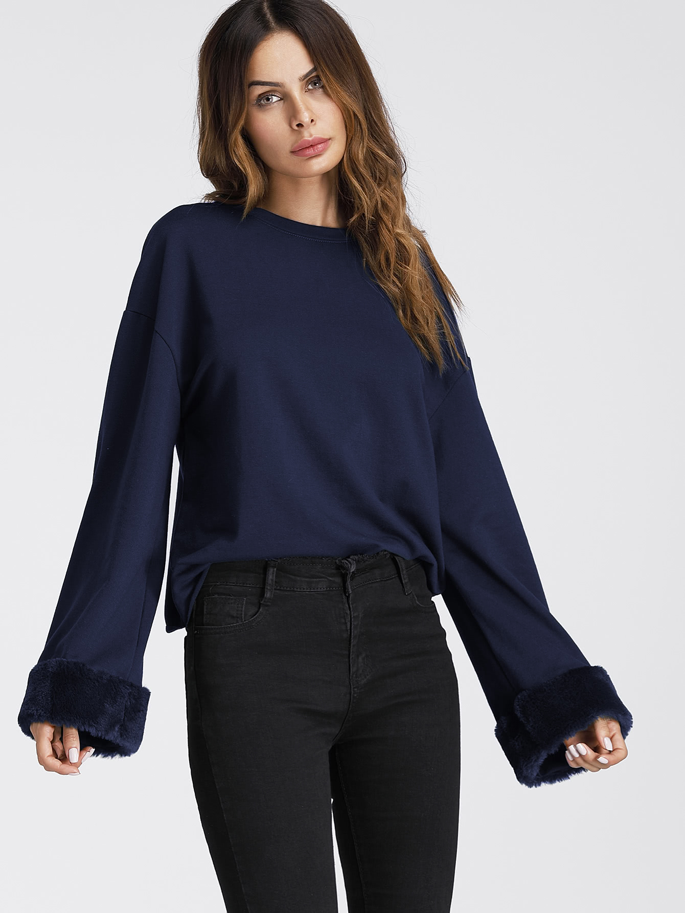 Faux Fur Cuff Drop Shoulder Raw Hem Sweatshirt