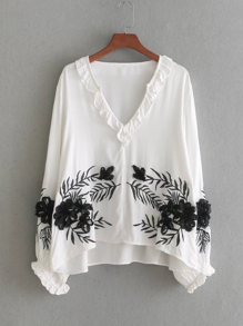 Contrast Flower Applique Ruffle Detail Blouse