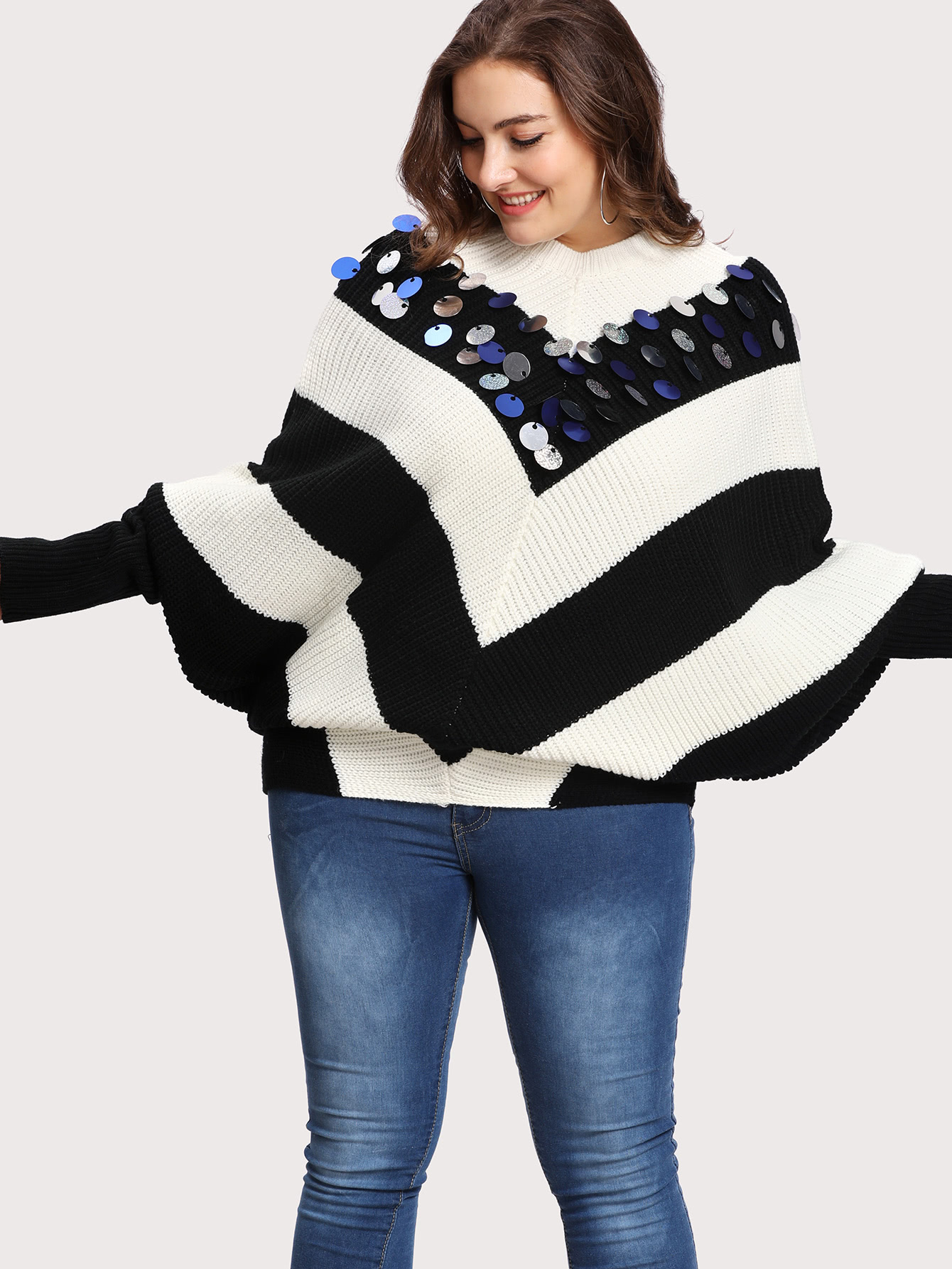 Контрастный модный джемпер с блестками, рукав "летучая мышь"