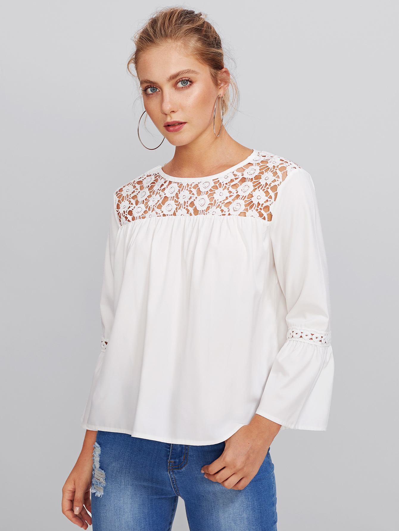 Floral Lace Yoke Cut Out Insert Sleeve Blouse cut out lace floral bracelet