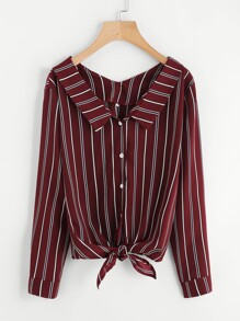 Vertical Striped Knotted Hem Shirt
