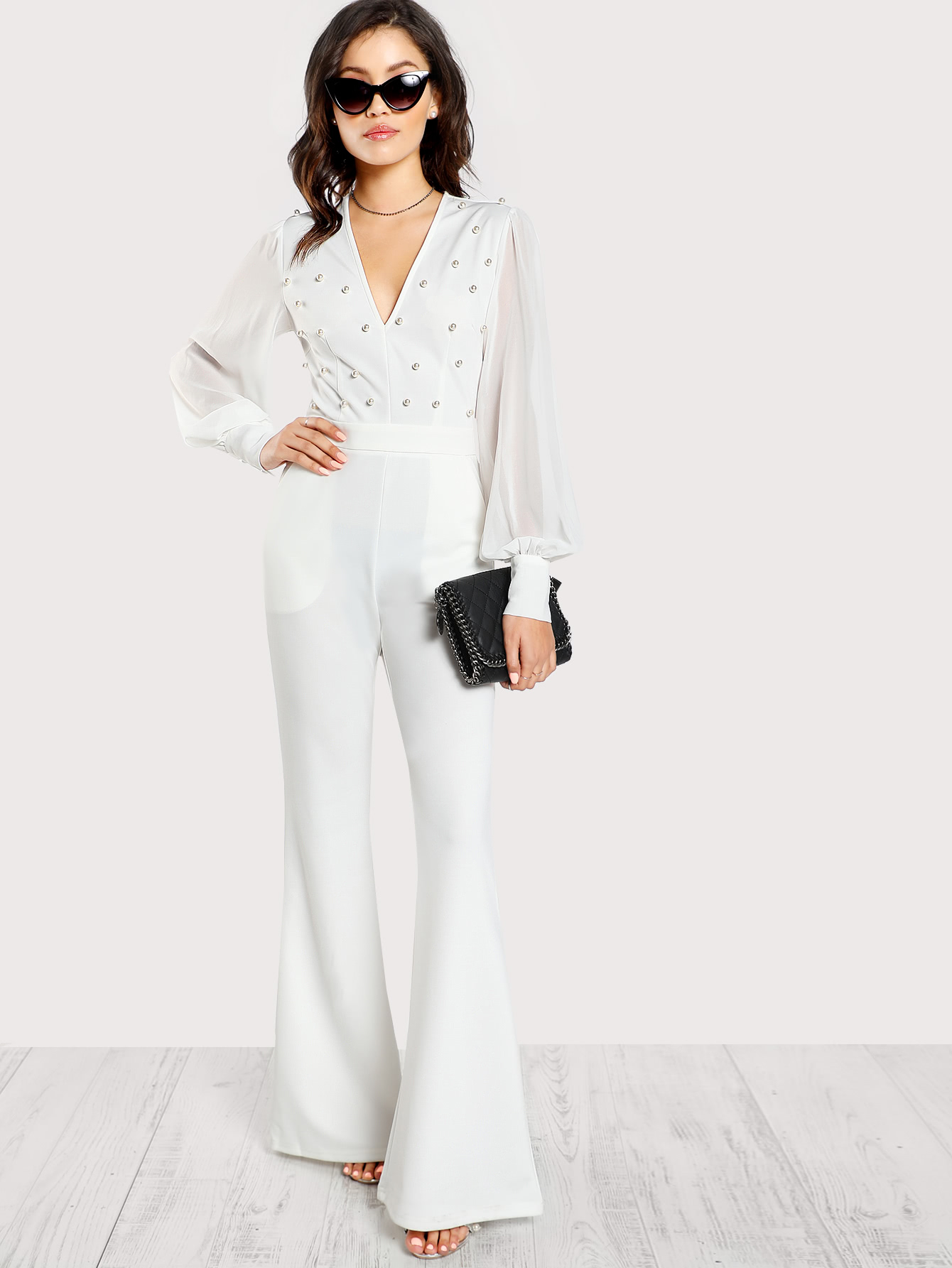Plunging Pearl Embellished Lantern Sleeve Flared Jumpsuit