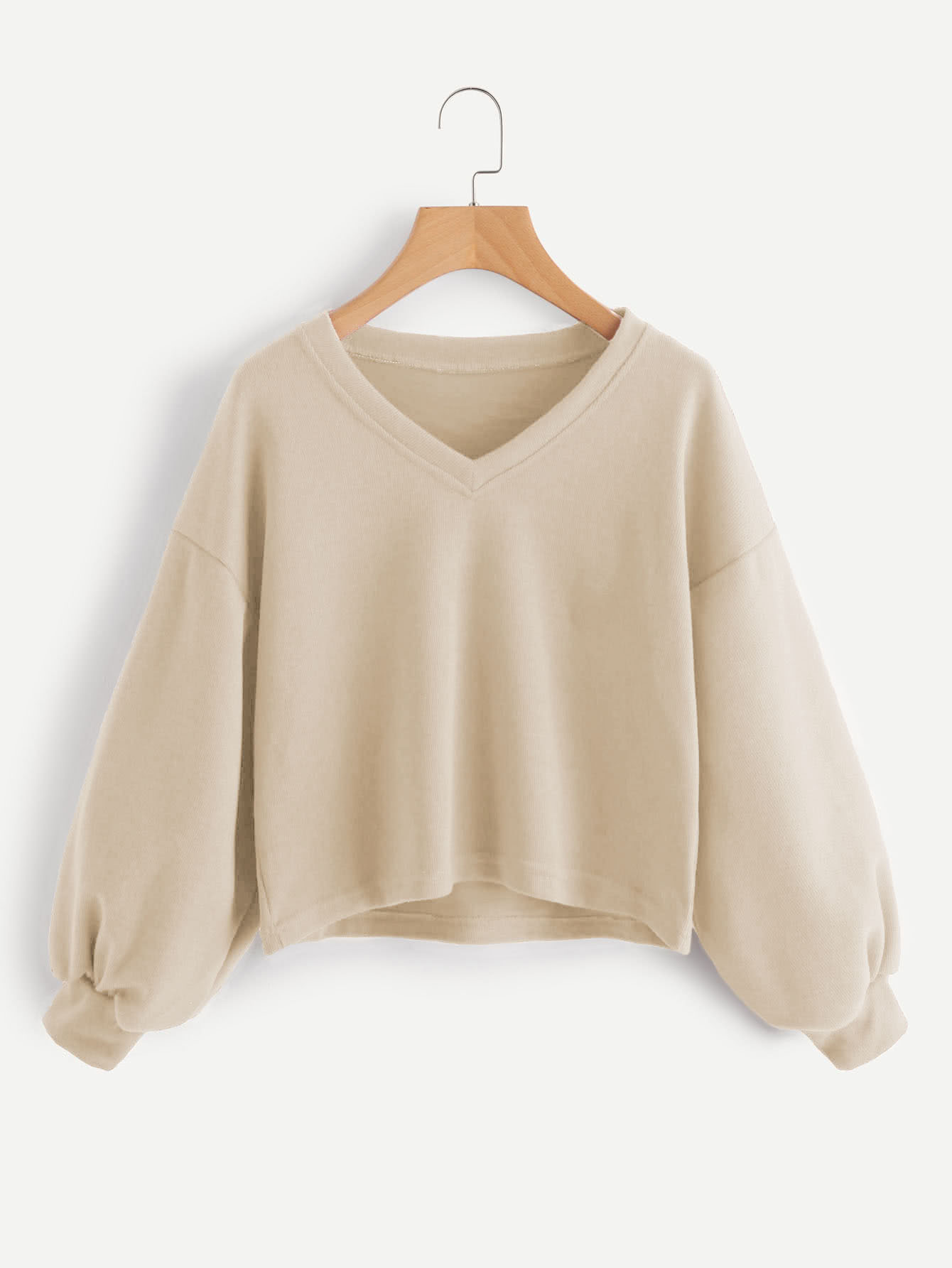 V Neckline Drop Shoulder Lantern Sleeve Sweatshirt