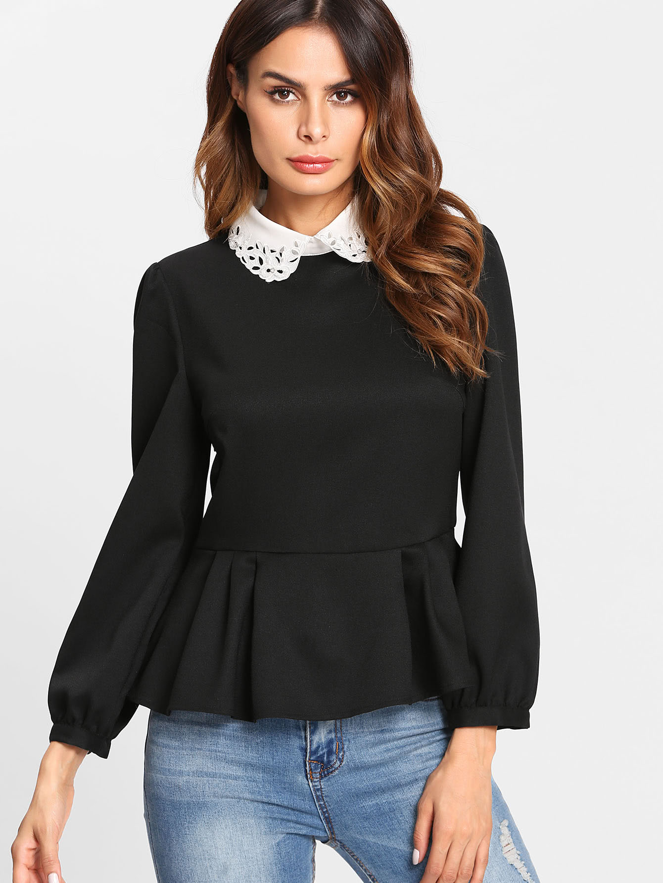 Peplum Top With Contrast Eyelet Embroidered Collar