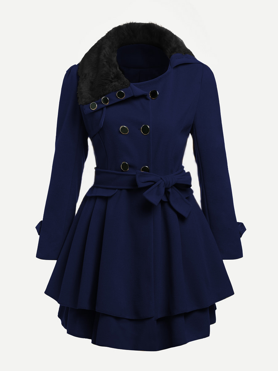 Contrast Faux Fur Collar Double Layered Hem Coat