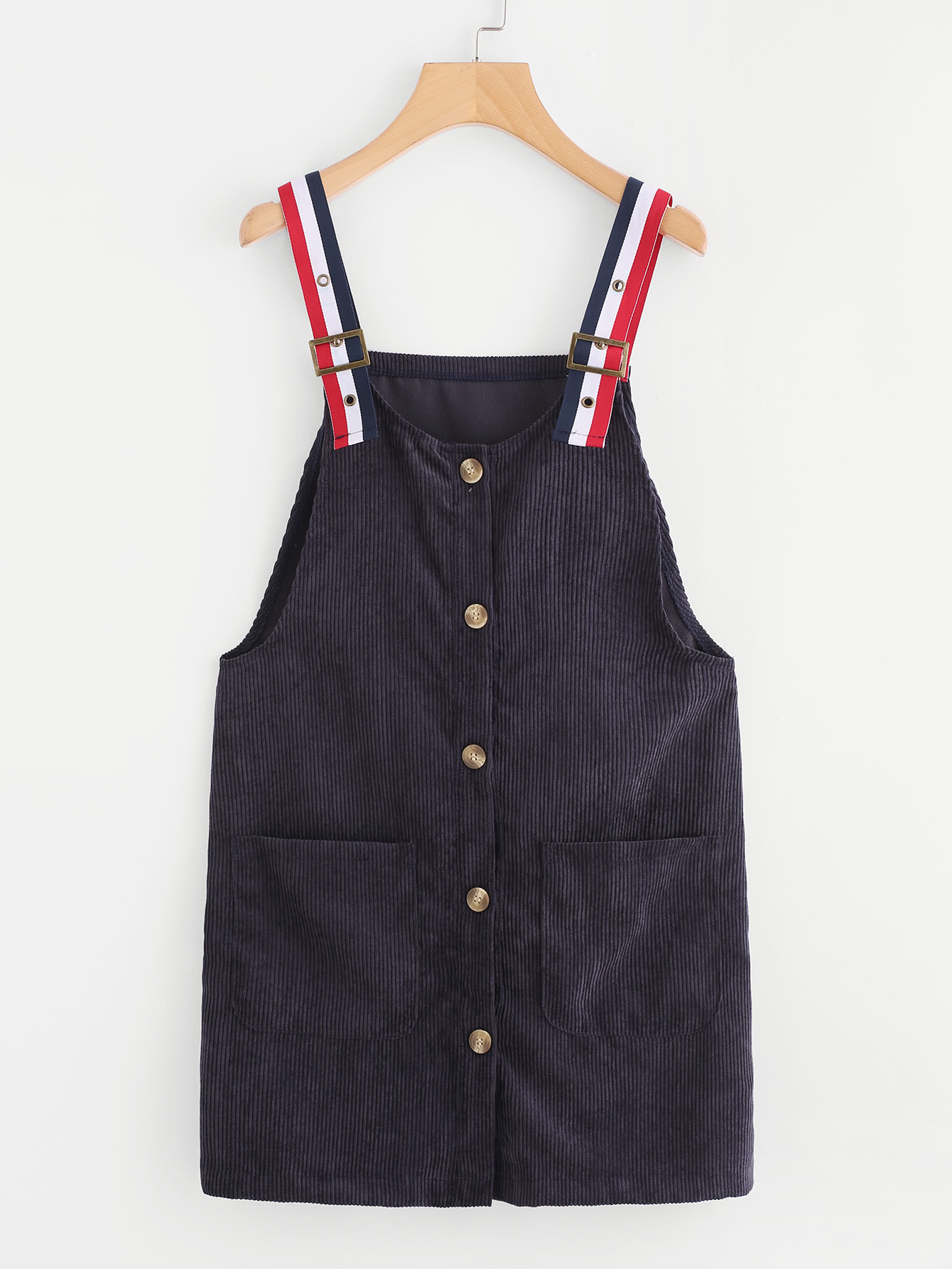 Corduroy Single Breasted Dual Pocket Pinafore Dress