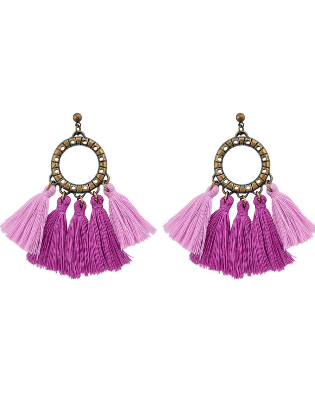 Purple Boho Circle With Tassel Big Statement Earrings