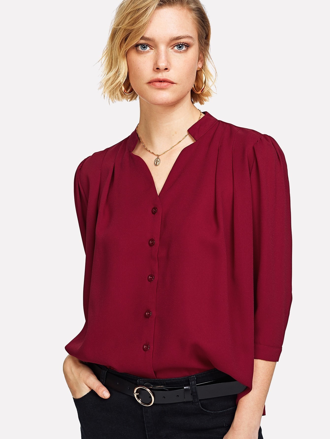 V Neck Button Front Blouse EmmaClothWomen Fast Fashion Online