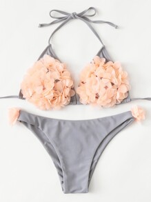 Flower Applique Self Tie Bikini Set