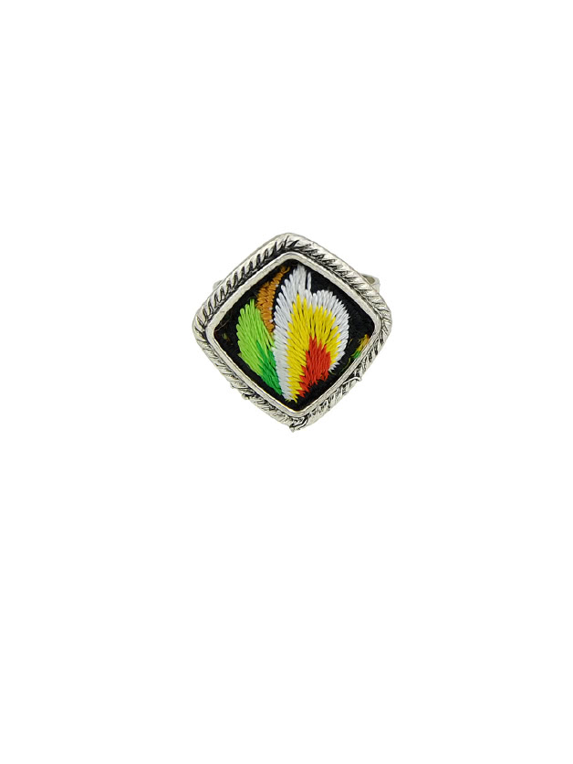 Yellow Handmade Embroidery Flower Pattern Square Boho Rings