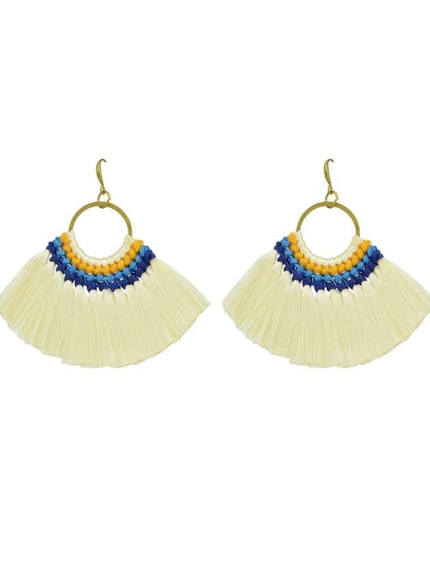 Beige Boho Fan Shaped Earrings Ethnic Style Tassel Big