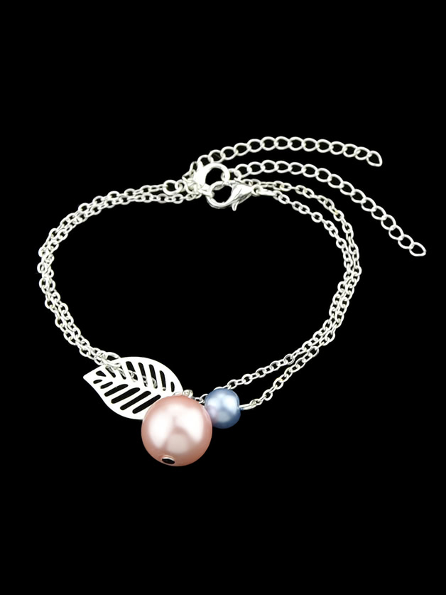 Silver Multi Layers Chain Leaf Shape Charm Simulated-Pearl Bracelets
