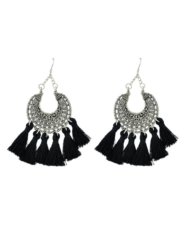 Black Horns Shape With Long Tassel Drop Ethnic Earrings
