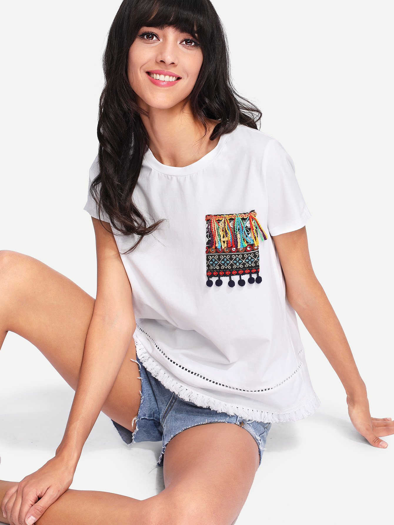 Embroidered Pocket Lace Insert Fringe Hem T-shirt