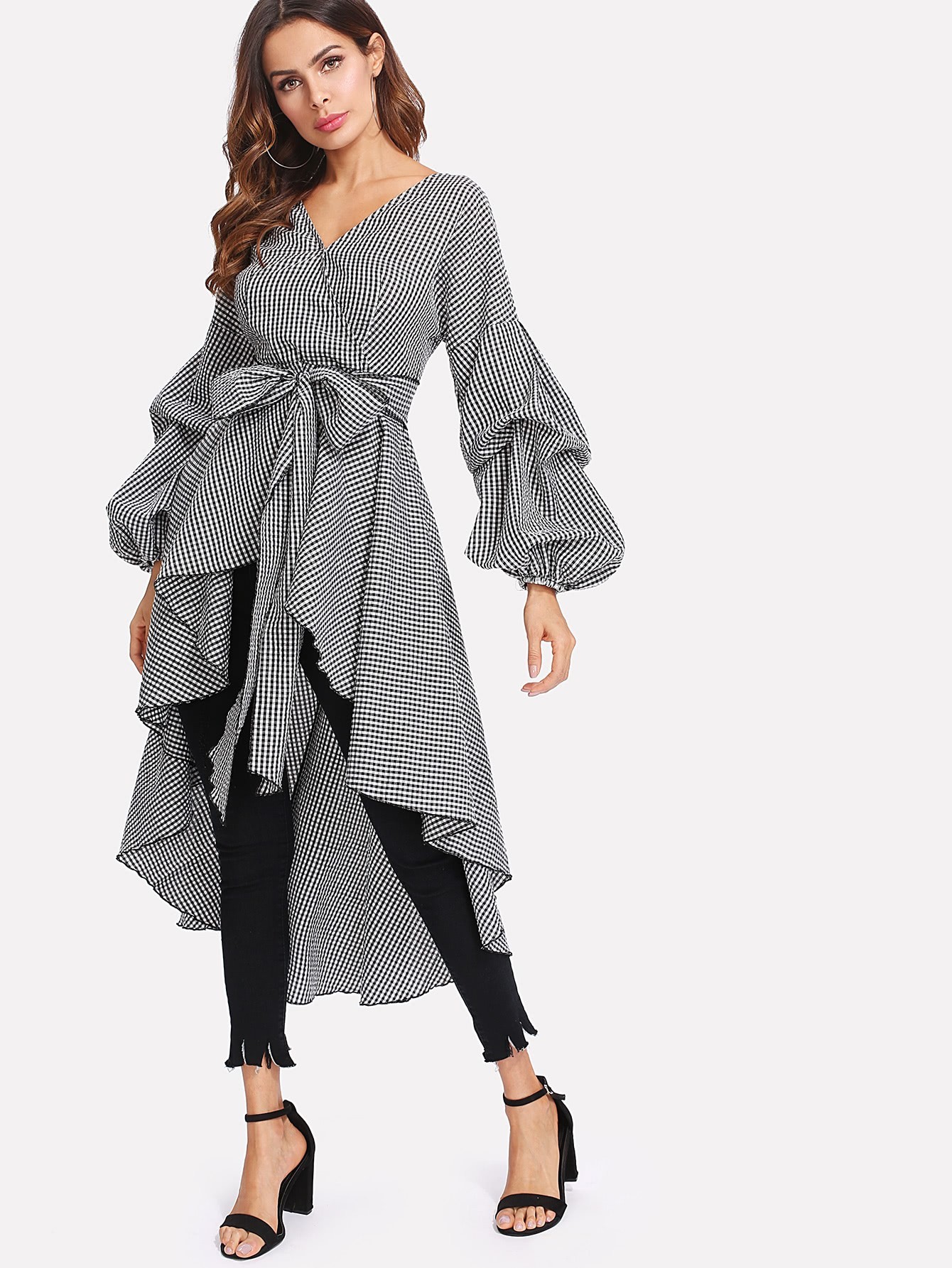 Gathered Sleeve Curved Dip Hem Gingham Dress SheIn(Sheinside)