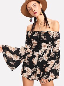 Eyelet Lace Up Off Shoulder Floral Romper