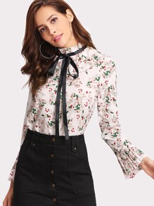 Botanical Print Tie Neck Ruffle Hem Blouse