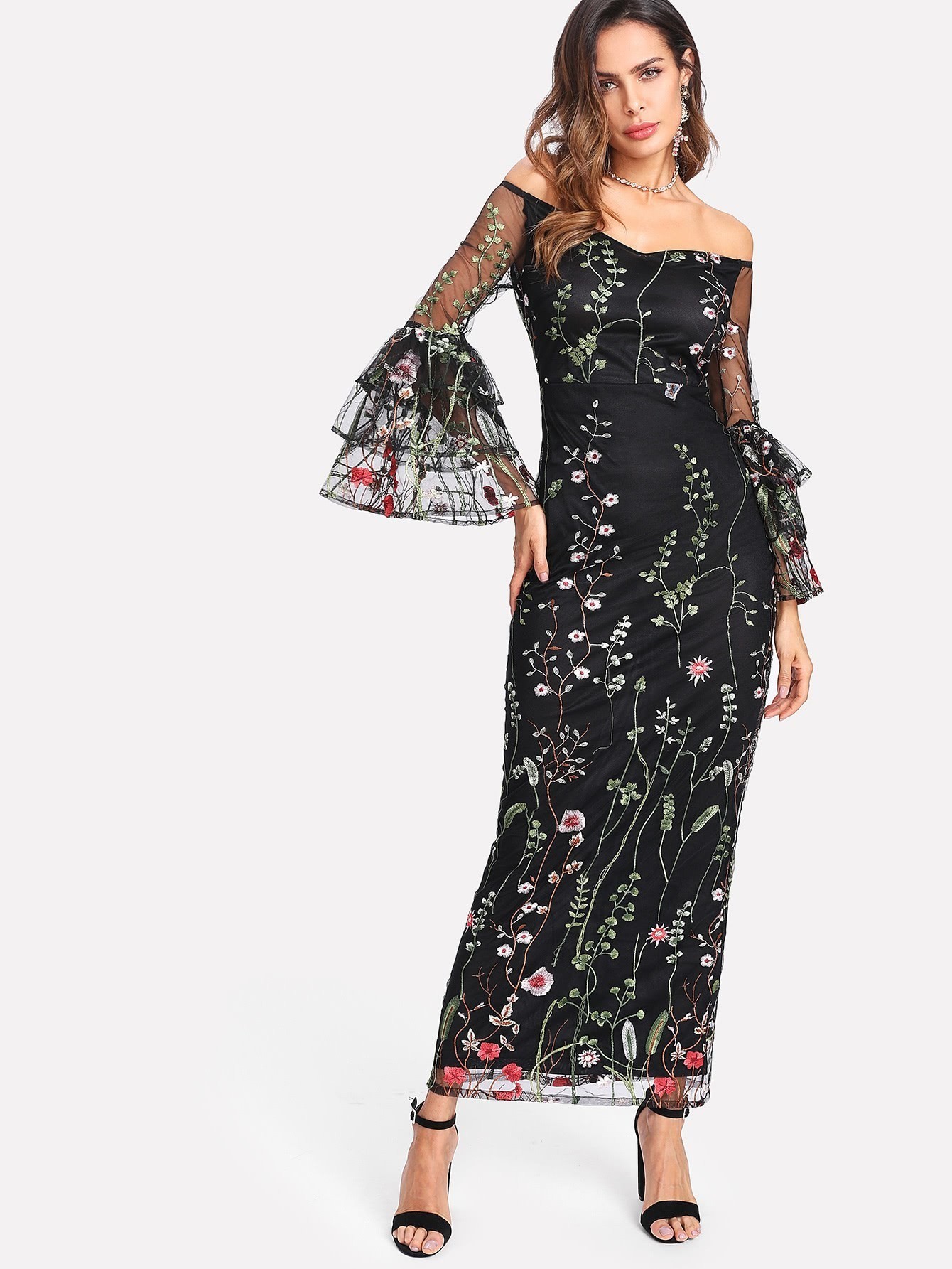 Botanical Embroidered Mesh Overlay Bardot Dress