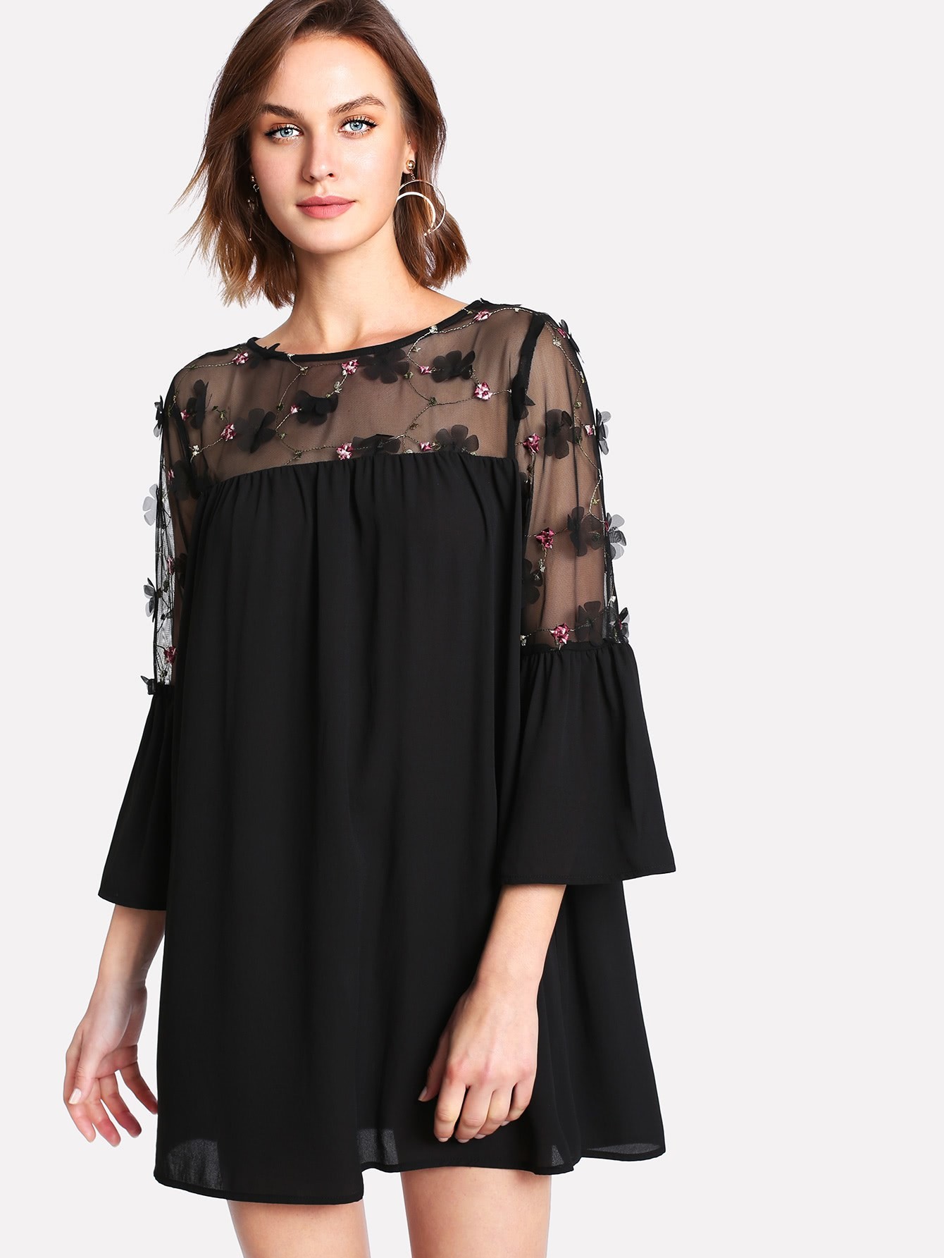 Embellished Mesh Panel Flounce Sleeve Dress mesh panel sleeve dress