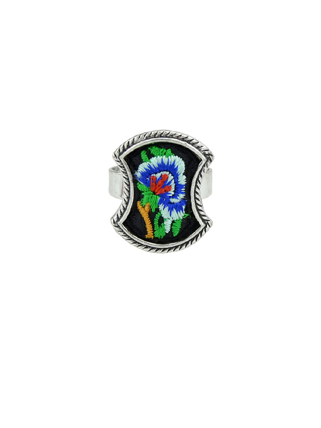 Blue Handmade Embroidery Flower Pattern Geometric Ethnic Rings