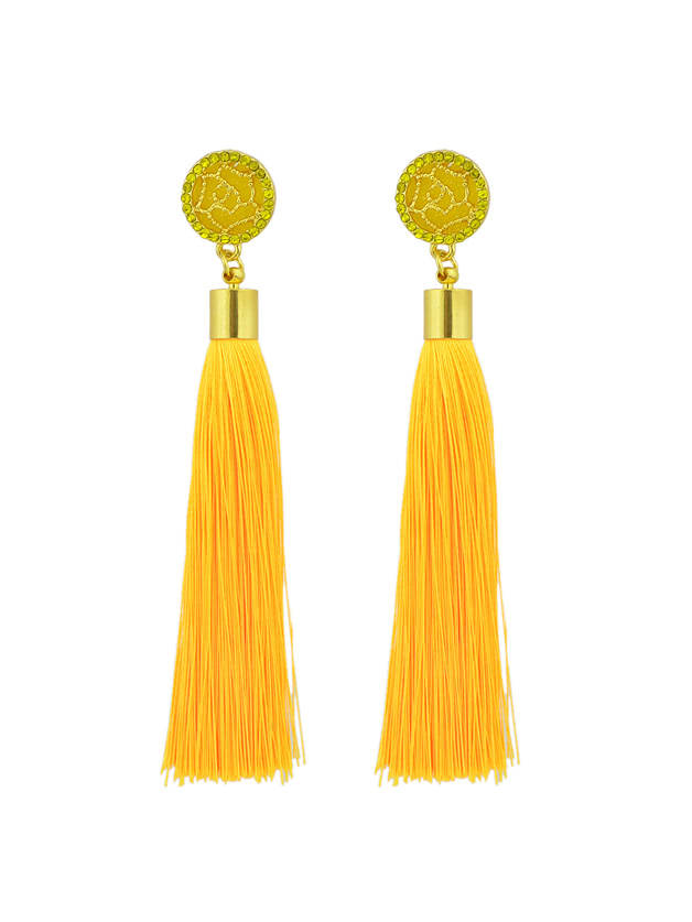 Yellow Ethnic Jewelry Flower Decoration Long Tassel Drop Earrings