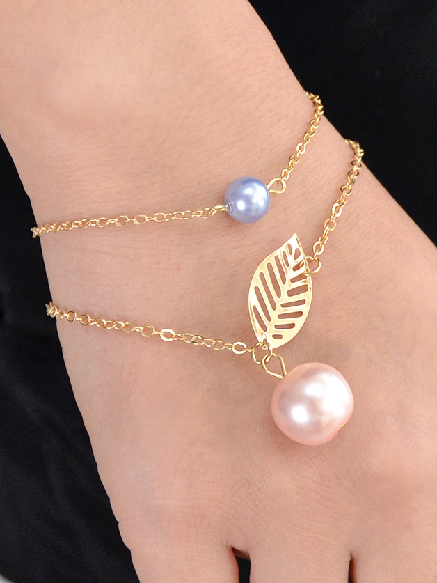 Gold Multi Layers Chain Leaf Shape Charm Simulated-Pearl Bracelets