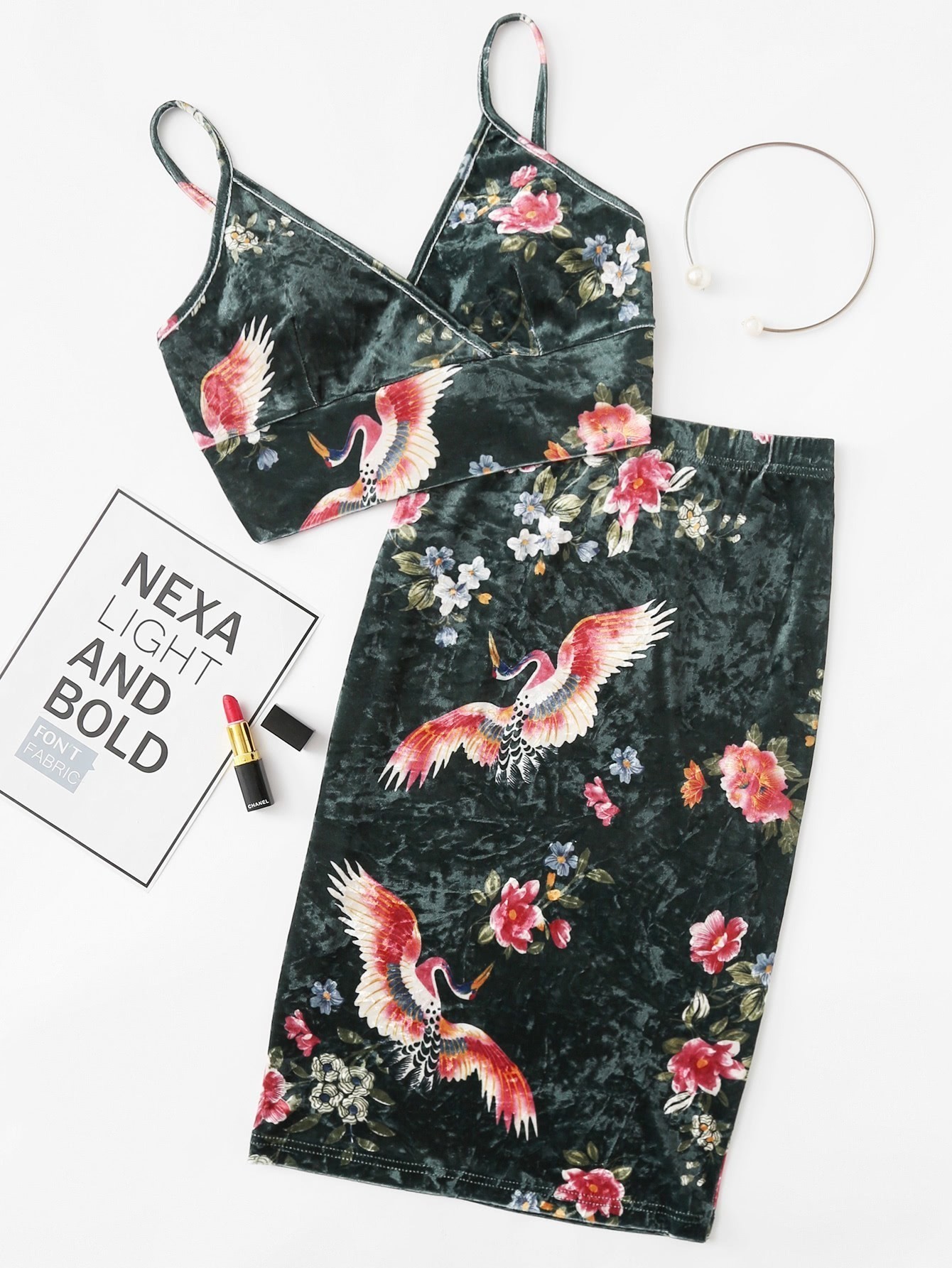 Floral Velvet Bralette Top & Pencil Skirt Co-Ord floral pencil midi skirt