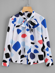 Abstract Print Bow Tie Neck Shirt