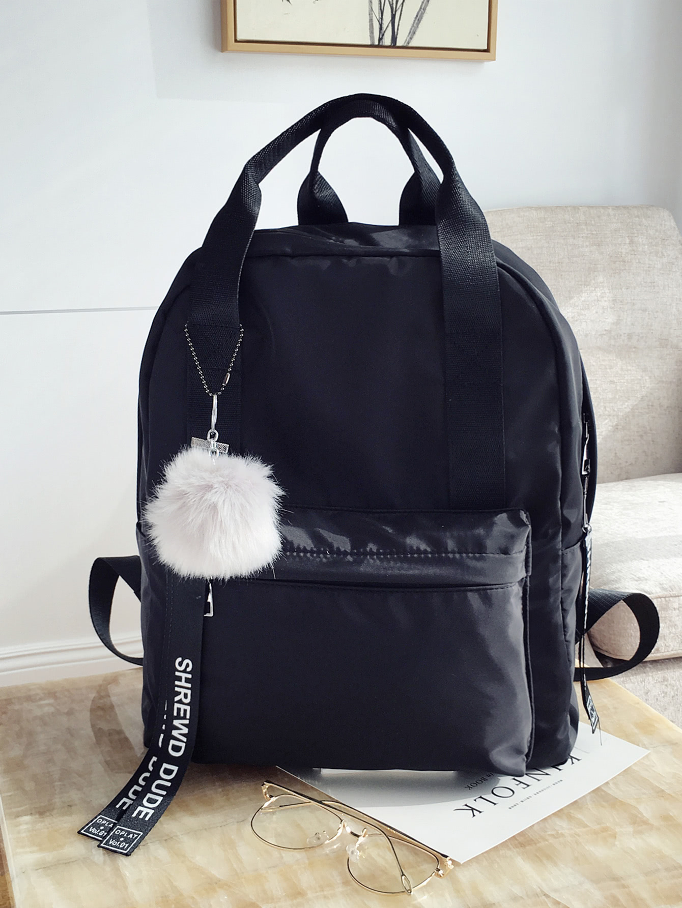 Slogan Ribbon Pom Pom Decor Backpack Black Shein Com Imall Com