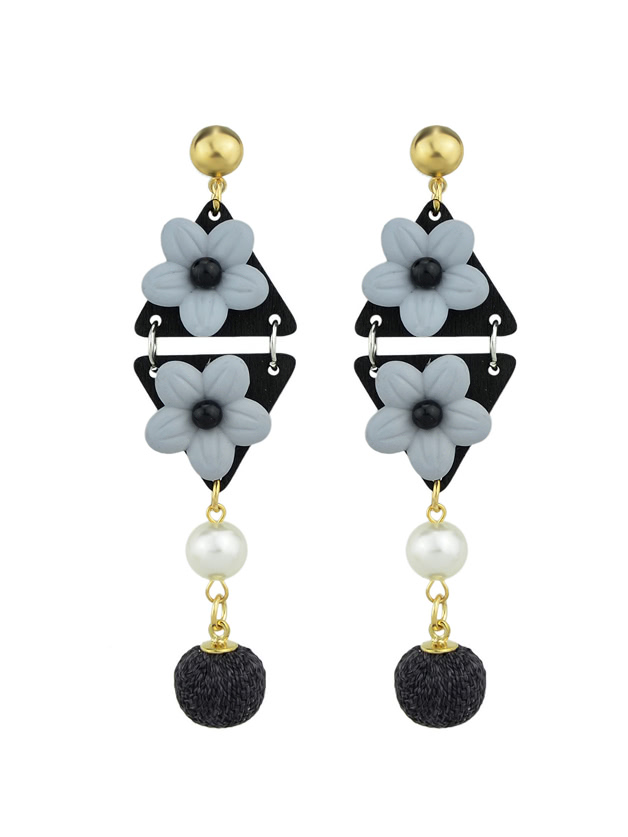 Black Simulated-Pearl Colorful Flower Dangle Earrings