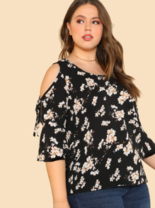 Open Shoulder Ditsy Print Top
