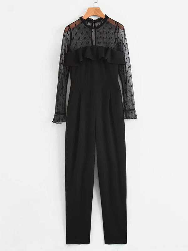 Flounce Detail Mesh Panel Polka Dot Jumpsuit polka dot mesh panel sleeve tee
