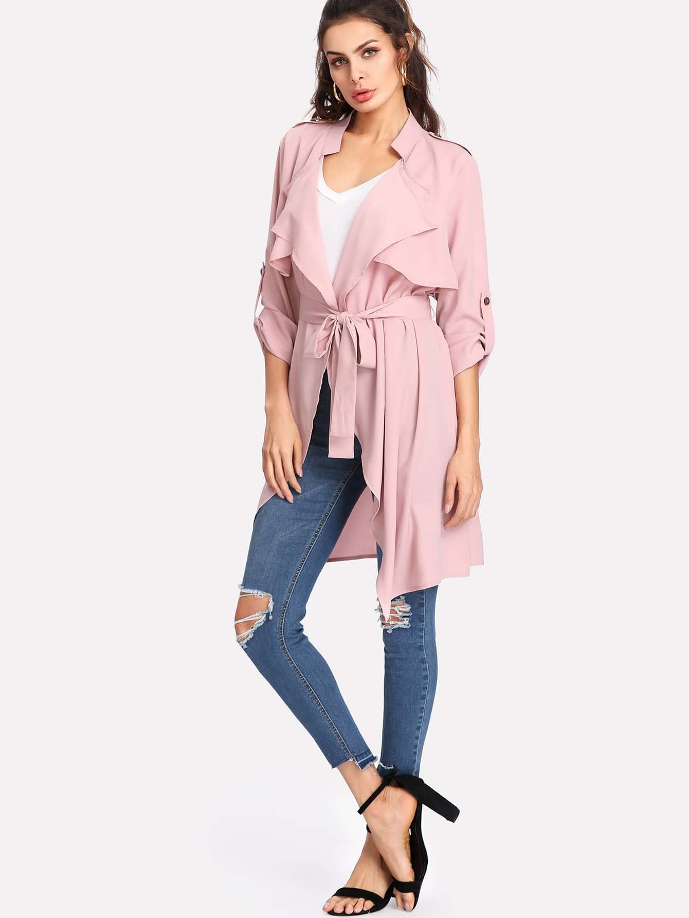 Roll Tab Sleeve Flap Front Belted Coat SheIn(Sheinside)
