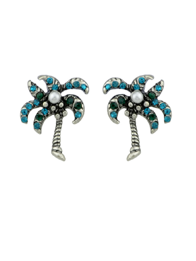 Simulated-Pearl Blue Rhinestone Coconut Tree Stud Earring