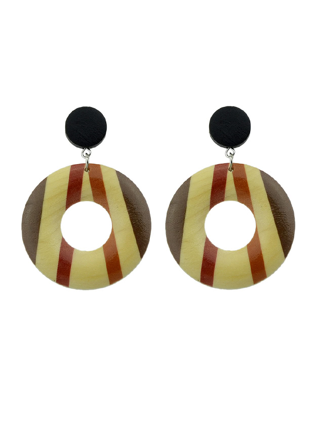 Stripe Vintage Style Wood Geometric Pattern Round Hanging Earrings