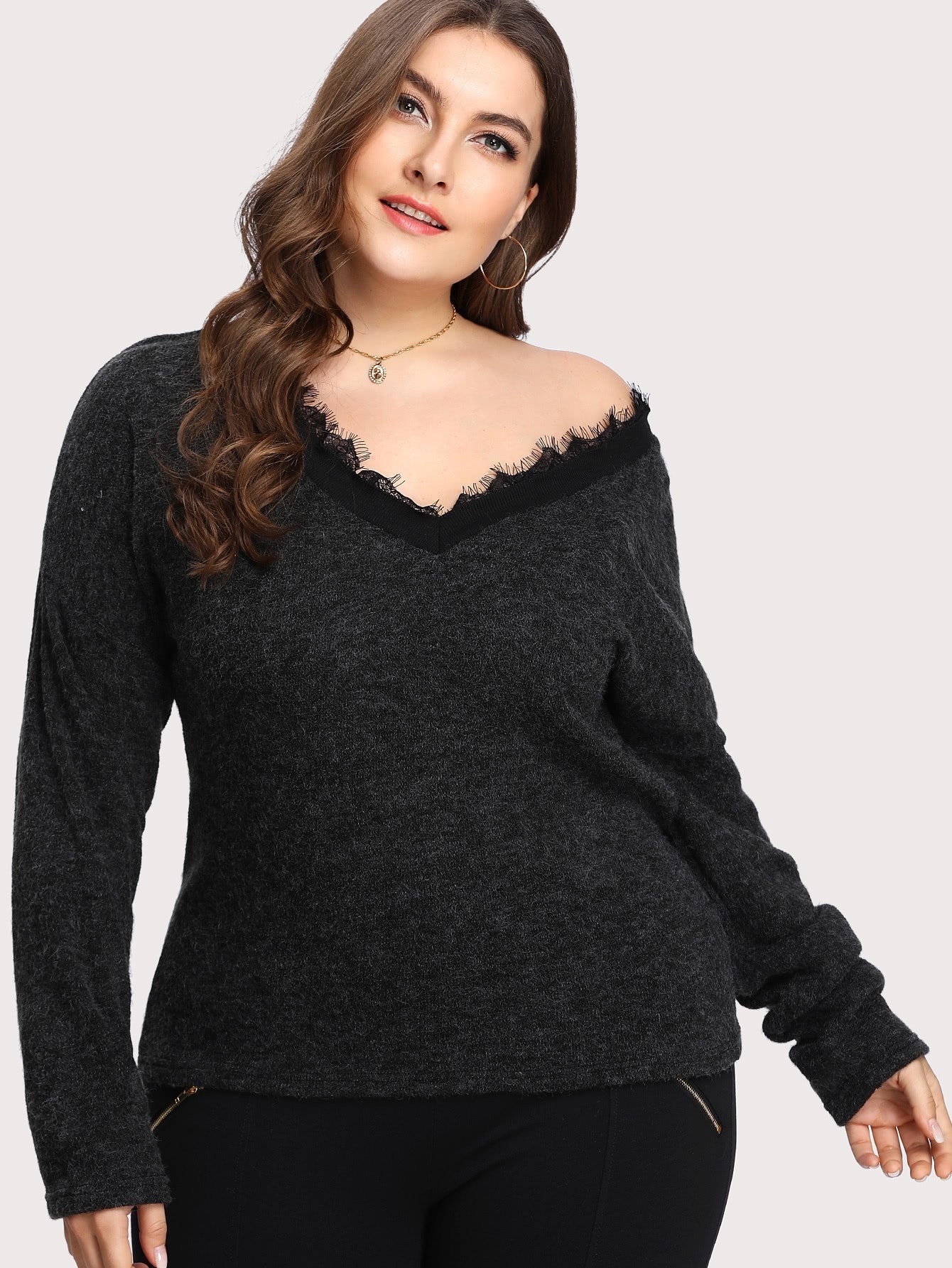 Plus Contrast Eyelash Lace Marled Knit Sweater