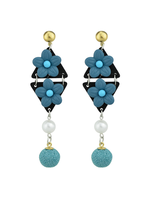 Blue Simulated-Pearl Colorful Flower Dangle Earrings