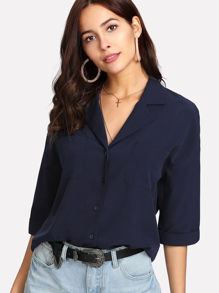 Notch Collar Drop Shoulder Button Up Top