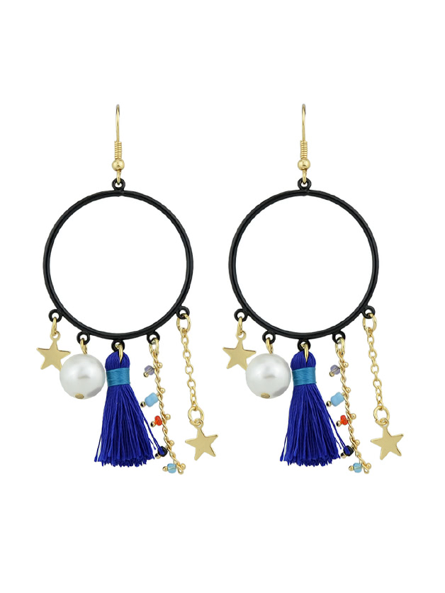 Blue Tassel Simulated-Pearl Colorful Beads Star Charms Drop Earrings